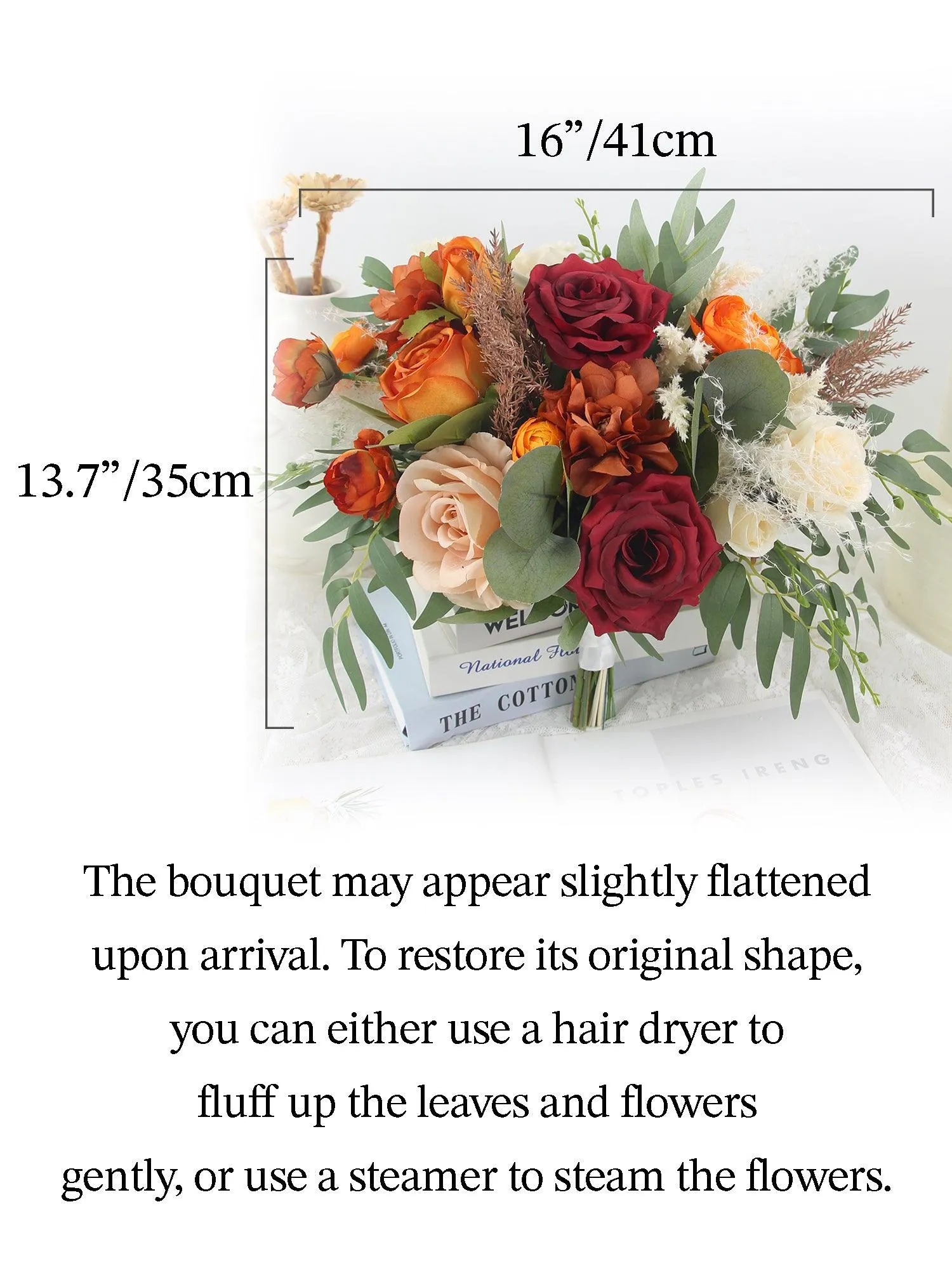 16 inch wide Burgundy & Burnt Orange Bridal Bouquet