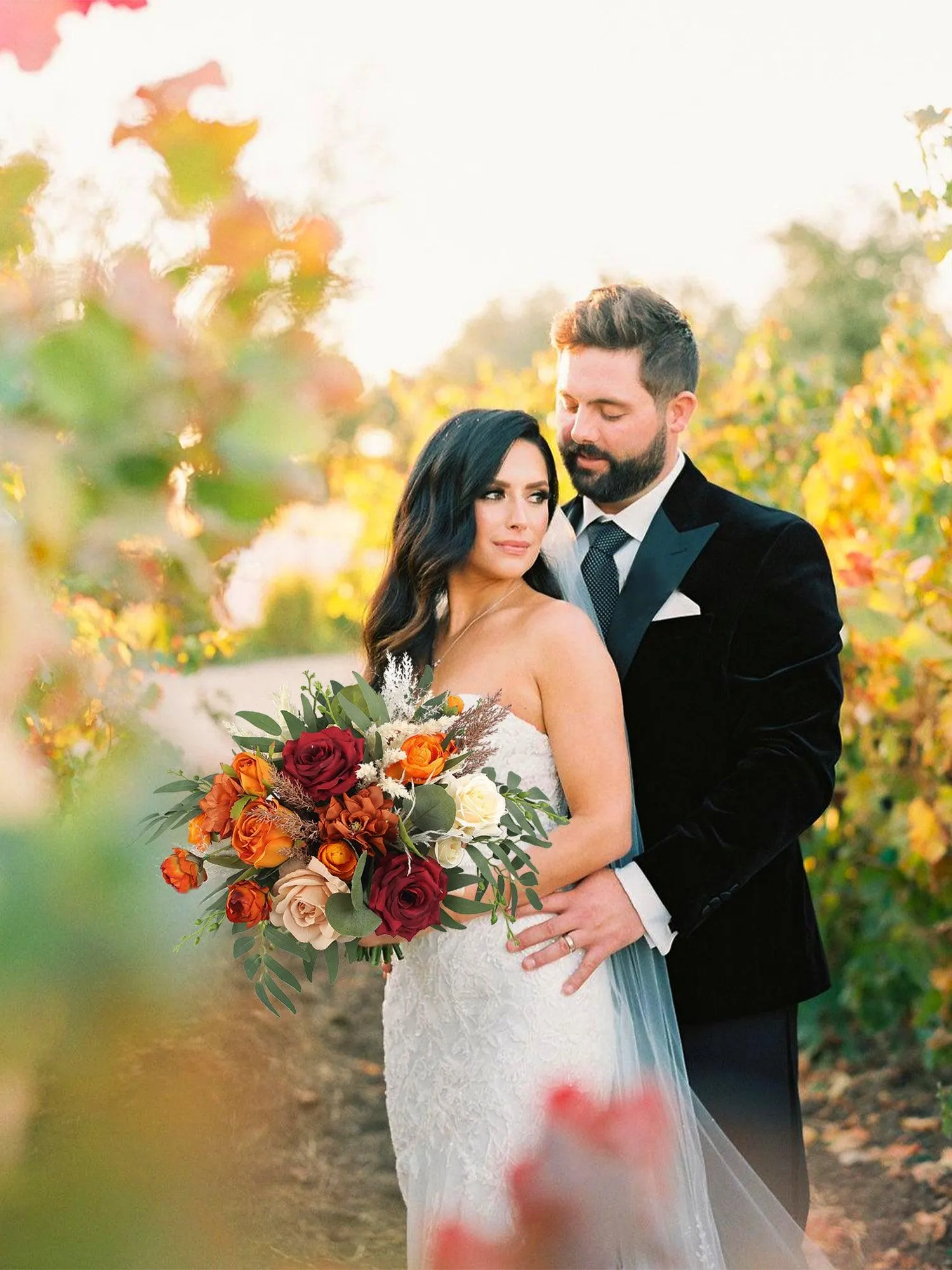 16 inch wide Burgundy & Burnt Orange Bridal Bouquet
