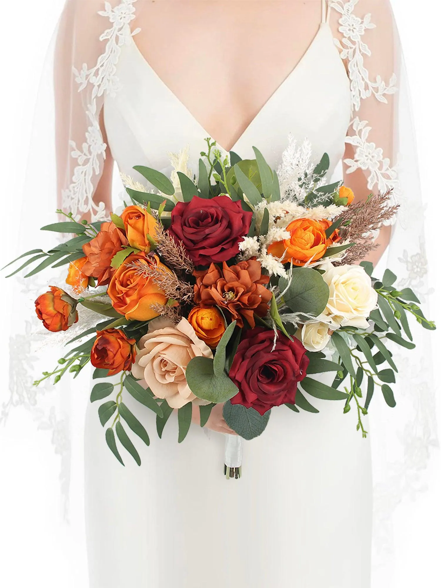 16 inch wide Burgundy & Burnt Orange Bridal Bouquet