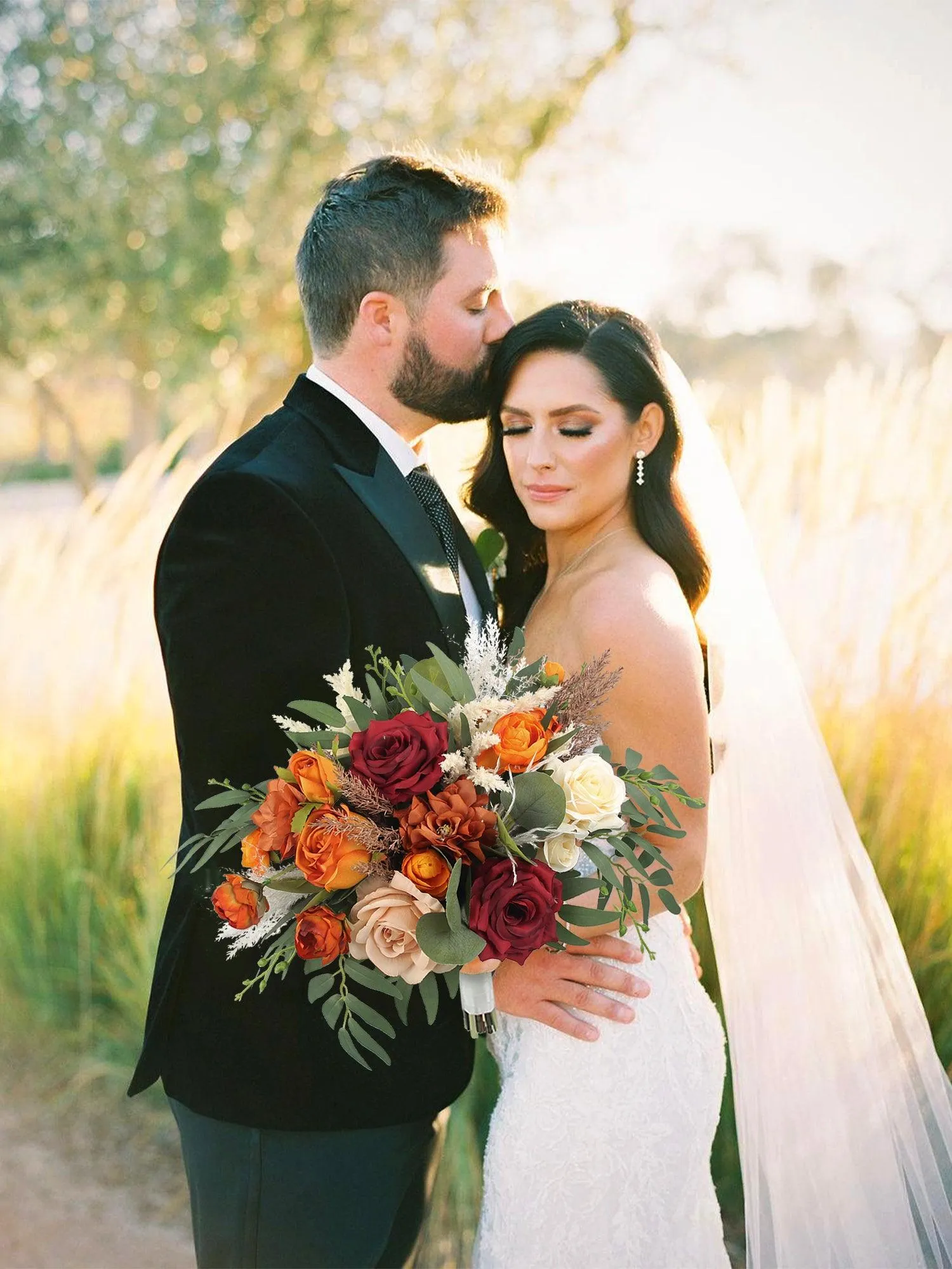 16 inch wide Burgundy & Burnt Orange Bridal Bouquet