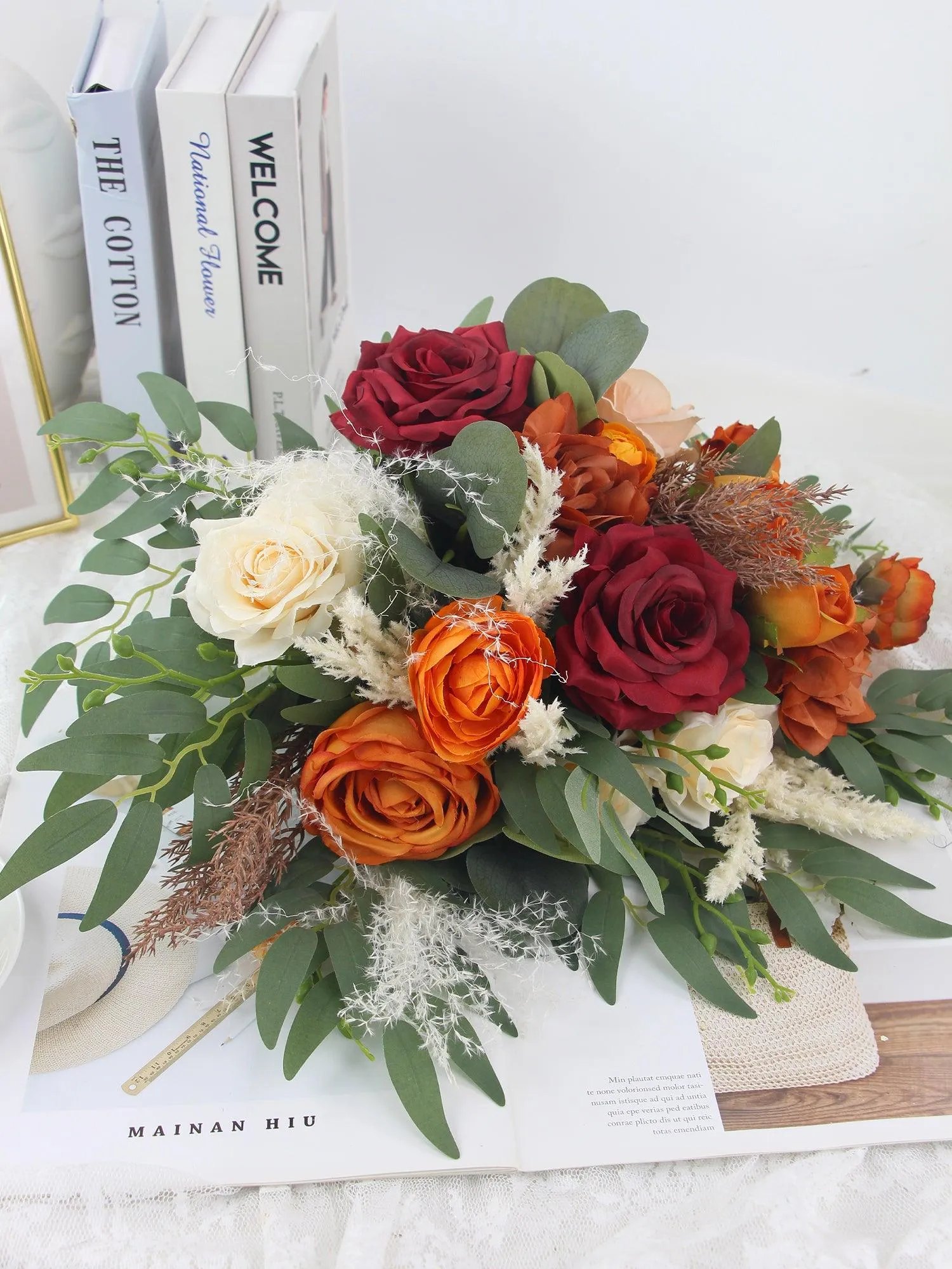 16 inch wide Burgundy & Burnt Orange Bridal Bouquet