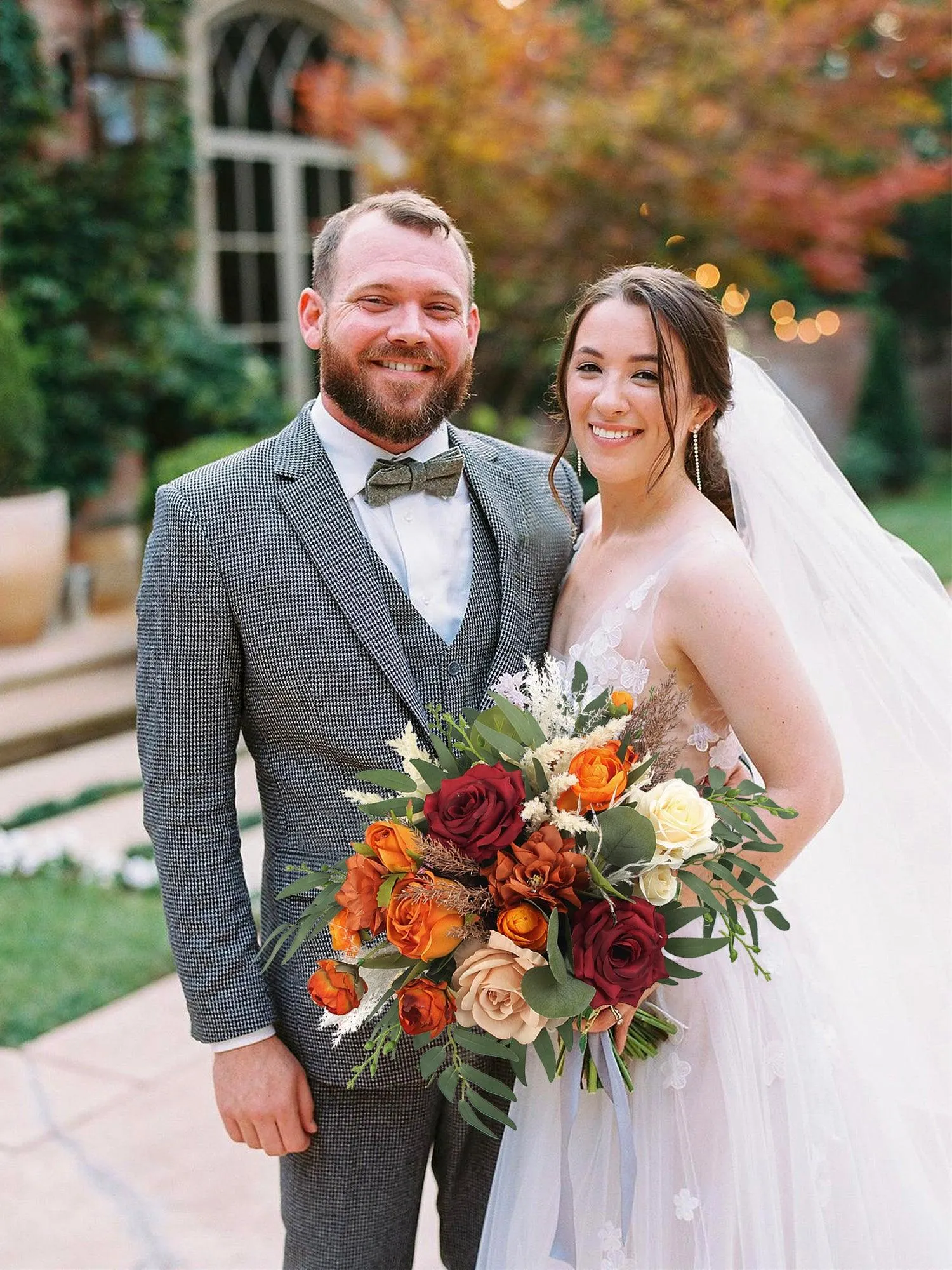 16 inch wide Burgundy & Burnt Orange Bridal Bouquet