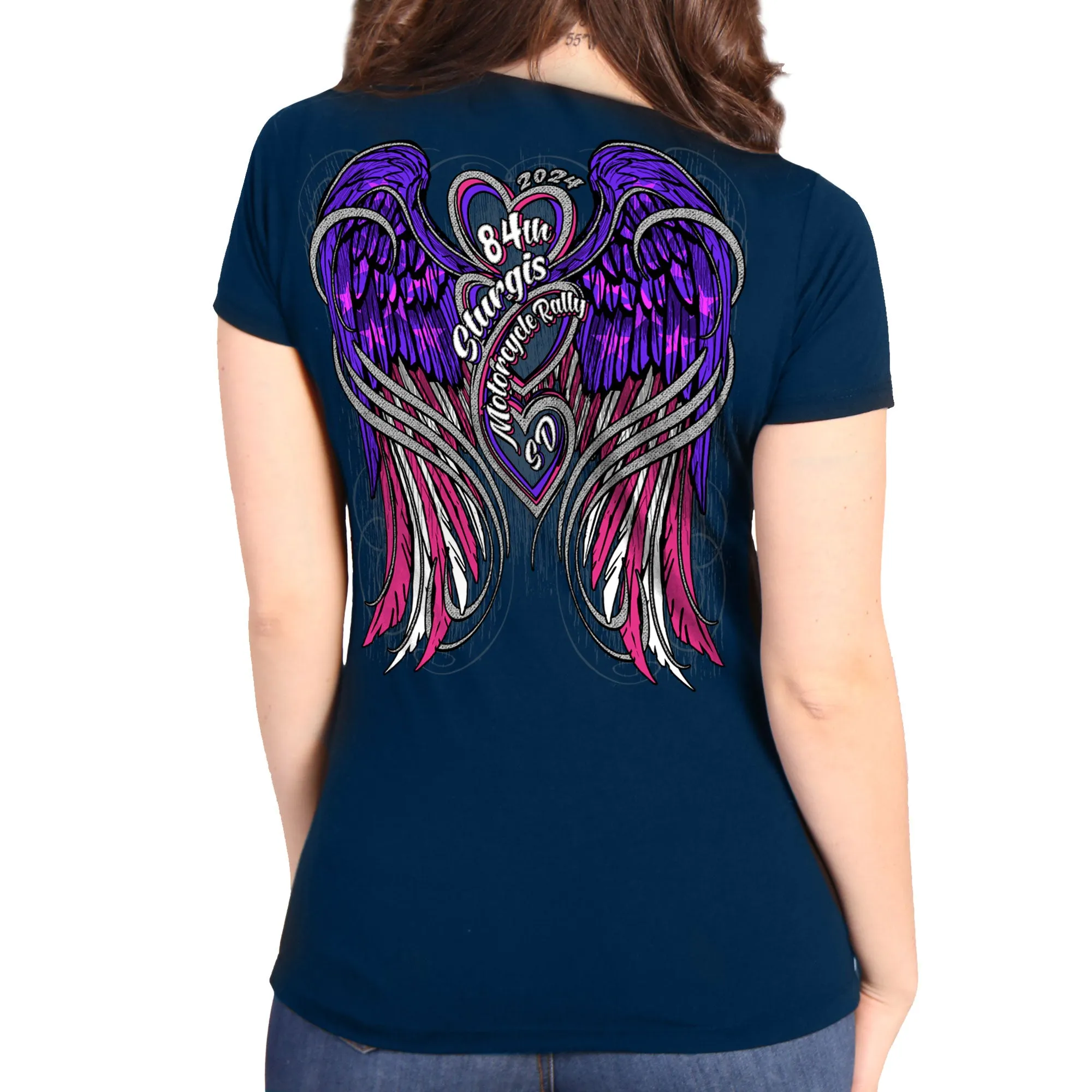 2024 Sturgis Motorcycle Rally Flag Heart Angel Indigo Tee Shirt SPL1877