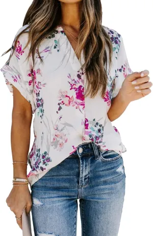 Allimy Women Summer Casual Split V Neckline Floral Chiffon Blouses Loose Tunic Short Sleeve Tops