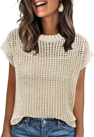 ANRABESS Womens Summer Crochet Sweater Tops Casual Cap Short Sleeve Hollow Out Mesh Knit Beach Cover Up Shirts 2025 Spring