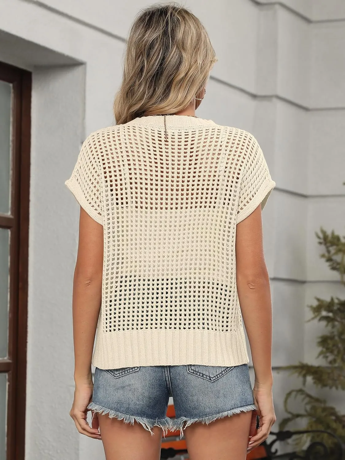 ANRABESS Womens Summer Crochet Sweater Tops Casual Cap Short Sleeve Hollow Out Mesh Knit Beach Cover Up Shirts 2025 Spring