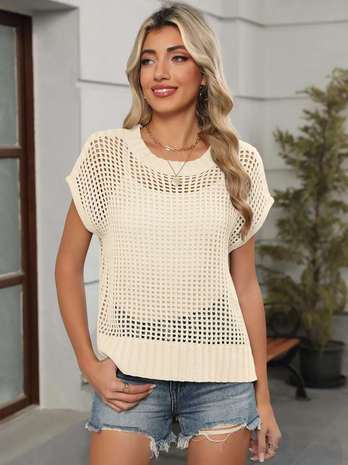 ANRABESS Womens Summer Crochet Sweater Tops Casual Cap Short Sleeve Hollow Out Mesh Knit Beach Cover Up Shirts 2025 Spring