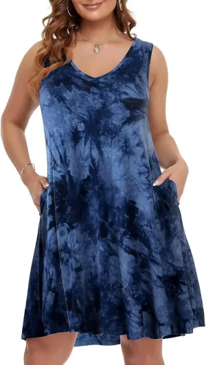 BELAROI Women Casual Summer Beach Dresses Plus Size Sundress V Neck Pockets Swing Tank Dress Cover Ups