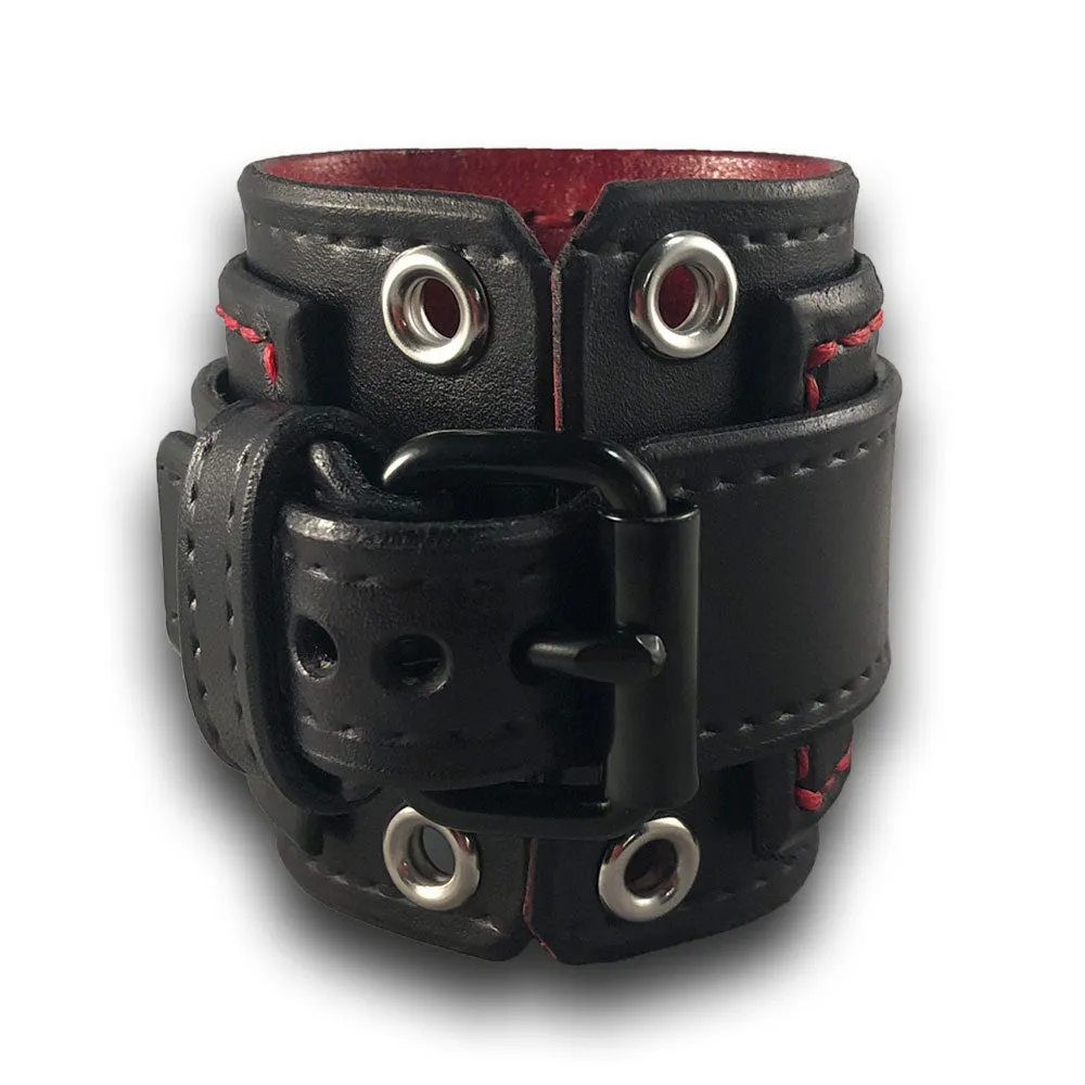 Black Wide Layered Leather Cuff Watch with Black Buckle