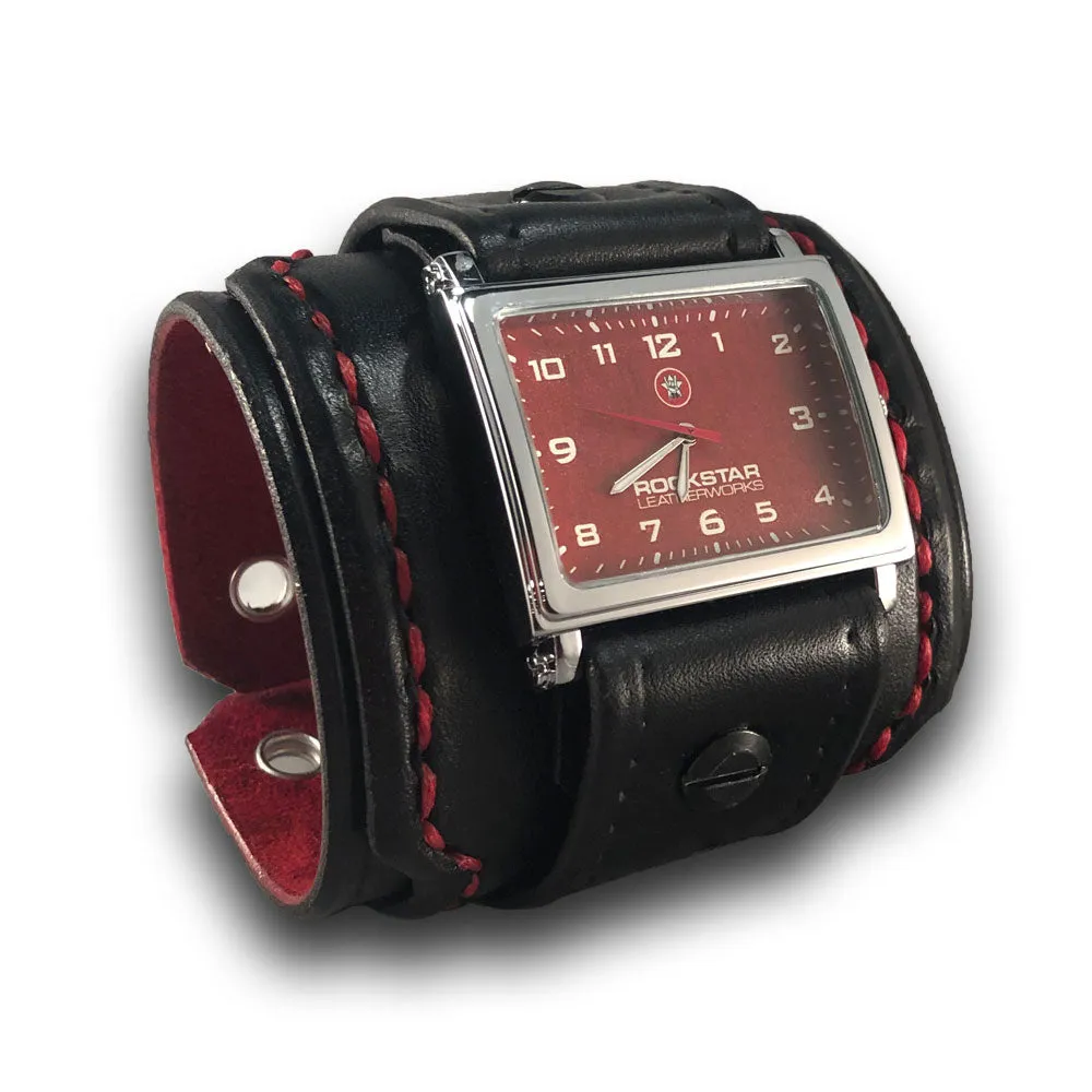Black Wide Layered Leather Cuff Watch with Black Buckle