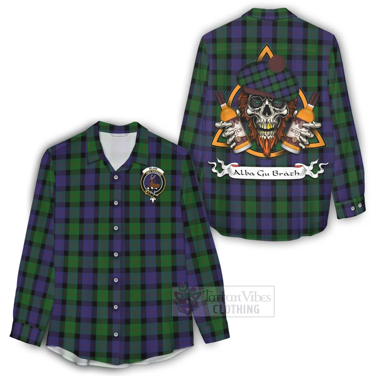 Blair Tartan Women's Casual Shirt with Family Crest and Bearded Skull Holding Bottles of Whiskey