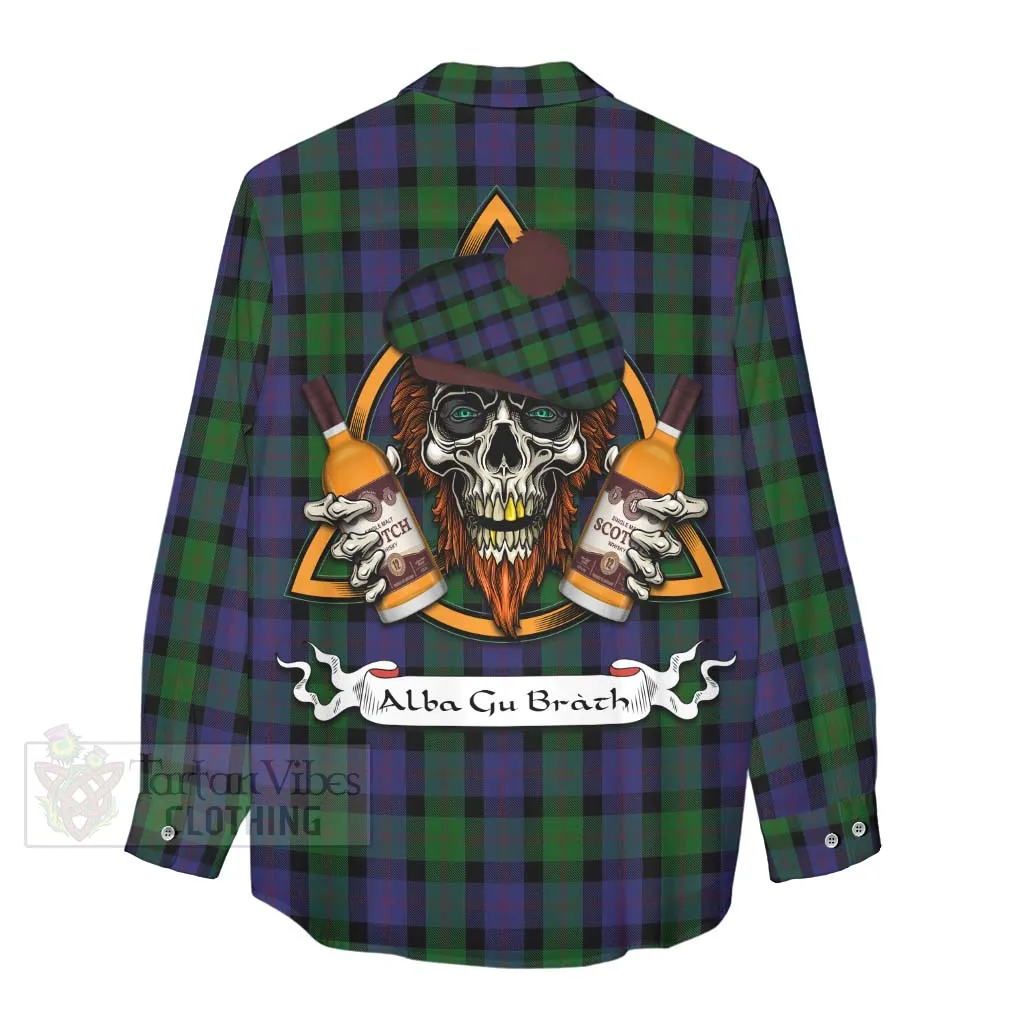 Blair Tartan Women's Casual Shirt with Family Crest and Bearded Skull Holding Bottles of Whiskey