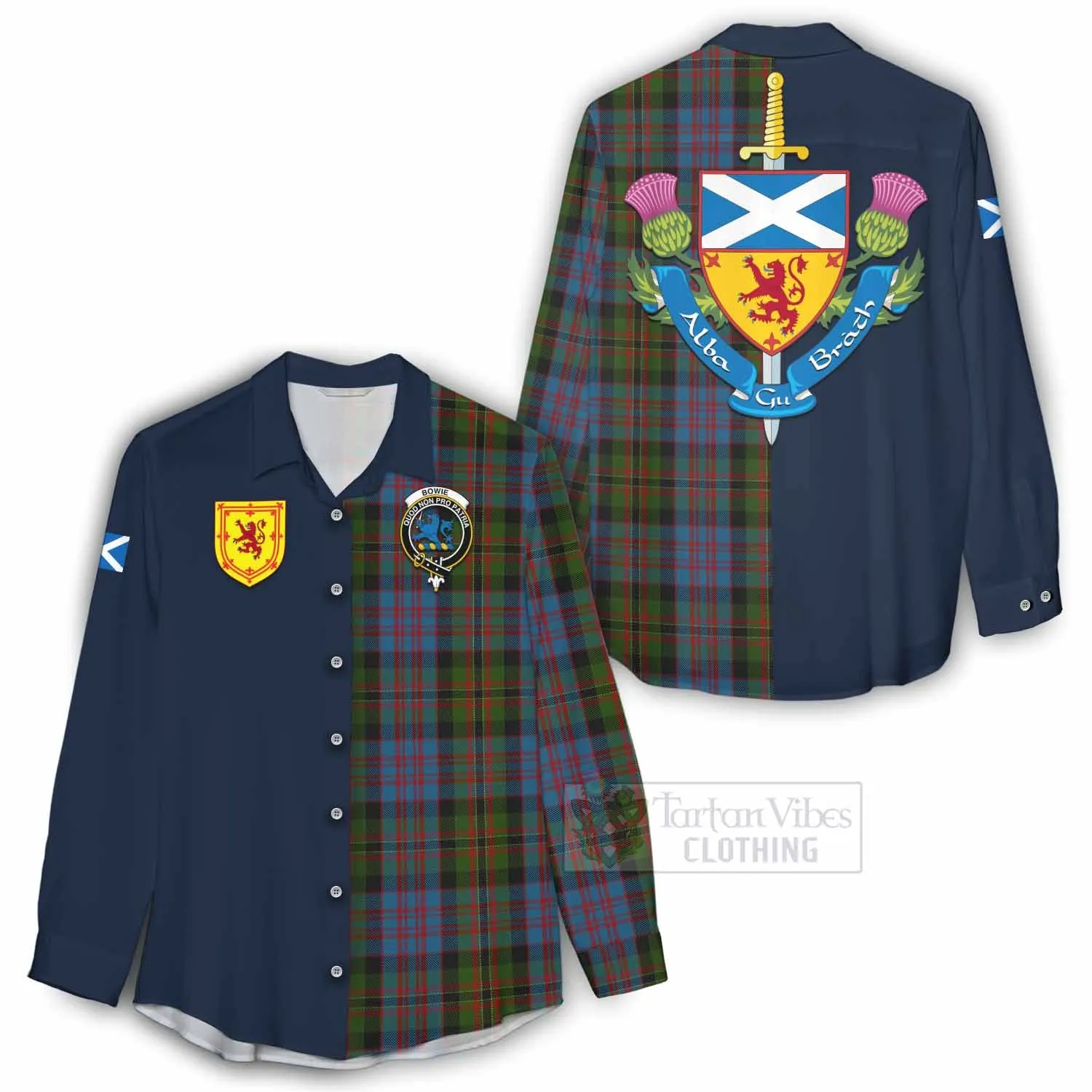 Bowie Tartan Women's Casual Shirt Alba with Scottish Lion Royal Arm Half Style