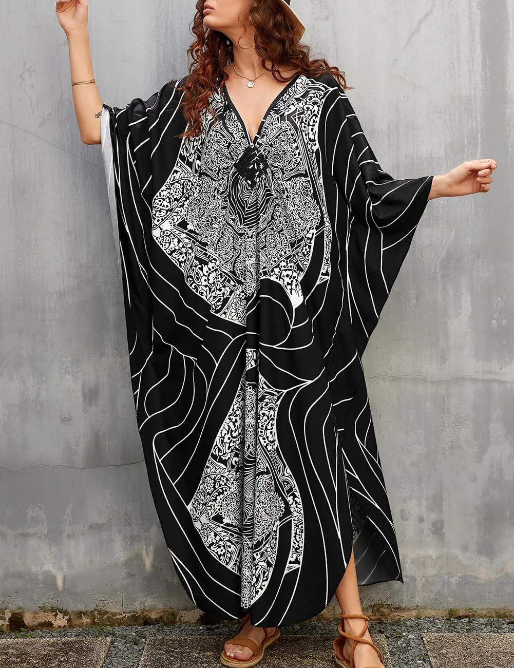 Bsubseach Womens Floral Print Kaftan Dress Plus Size Batwing Sleeve Swimsuit Cover Ups Summer Maxi Kimono Dresses