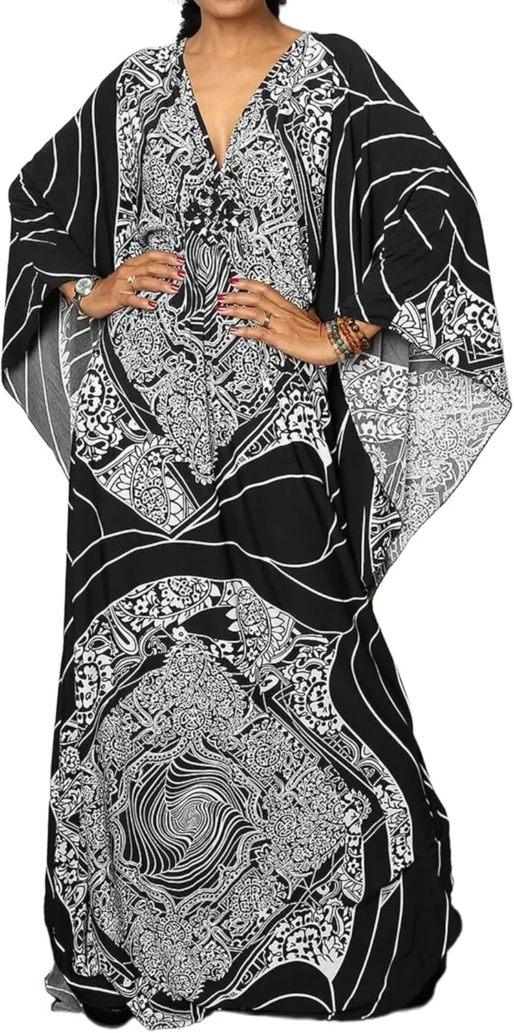 Bsubseach Womens Floral Print Kaftan Dress Plus Size Batwing Sleeve Swimsuit Cover Ups Summer Maxi Kimono Dresses