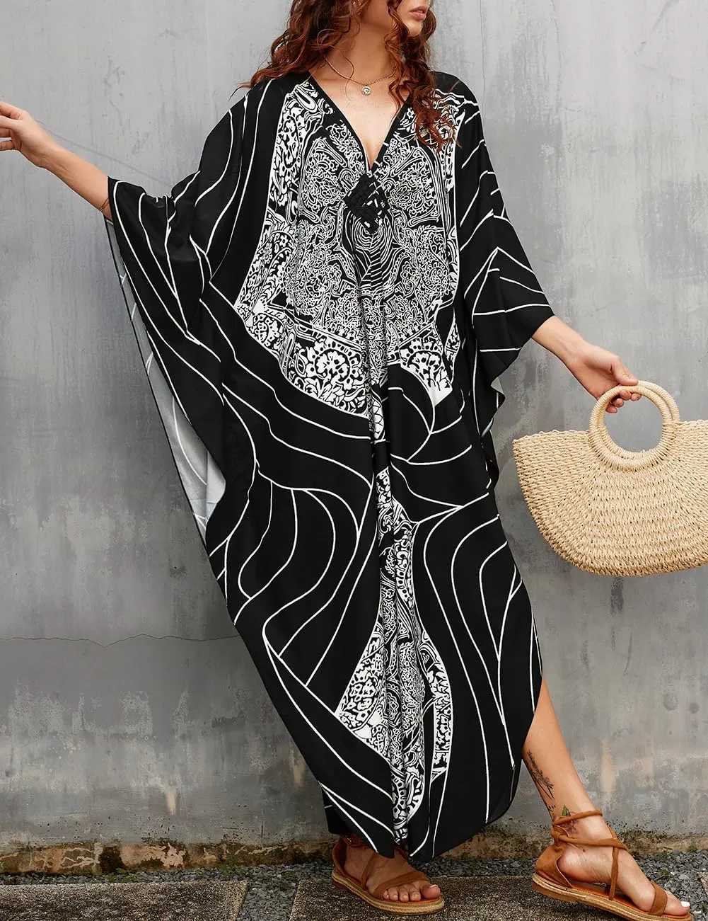 Bsubseach Womens Floral Print Kaftan Dress Plus Size Batwing Sleeve Swimsuit Cover Ups Summer Maxi Kimono Dresses