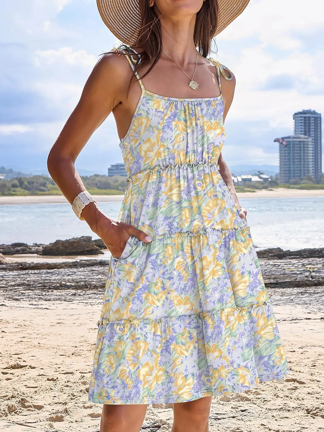 Caracilia Sundress for Women 2025 Summer Casual Travel Vacation Beach Cover Ups Floral Spaghetti Strap Flowy Cute Mini Dress