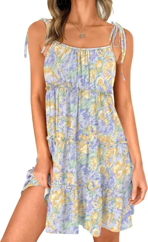 Caracilia Sundress for Women 2025 Summer Casual Travel Vacation Beach Cover Ups Floral Spaghetti Strap Flowy Cute Mini Dress