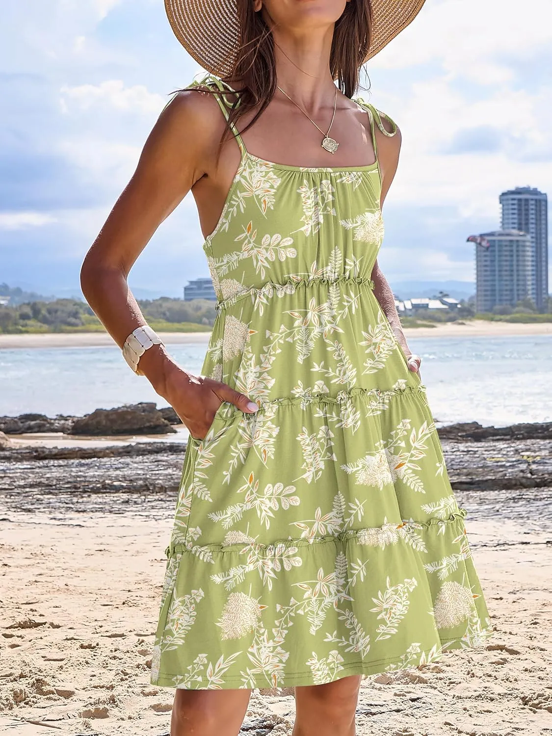 Caracilia Sundress for Women 2025 Summer Casual Travel Vacation Beach Cover Ups Floral Spaghetti Strap Flowy Cute Mini Dress