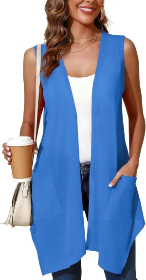 Cardigan for Women Drape Shrugs Open Front Sleeveless Vest Lightweight Cover Ups with Pocket
