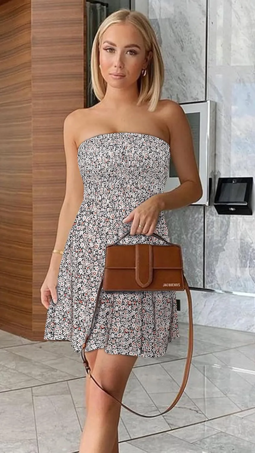 CHICGAL Summer Dresses for Women Beach Cover Ups Strapless Boho Floral Print Sundress