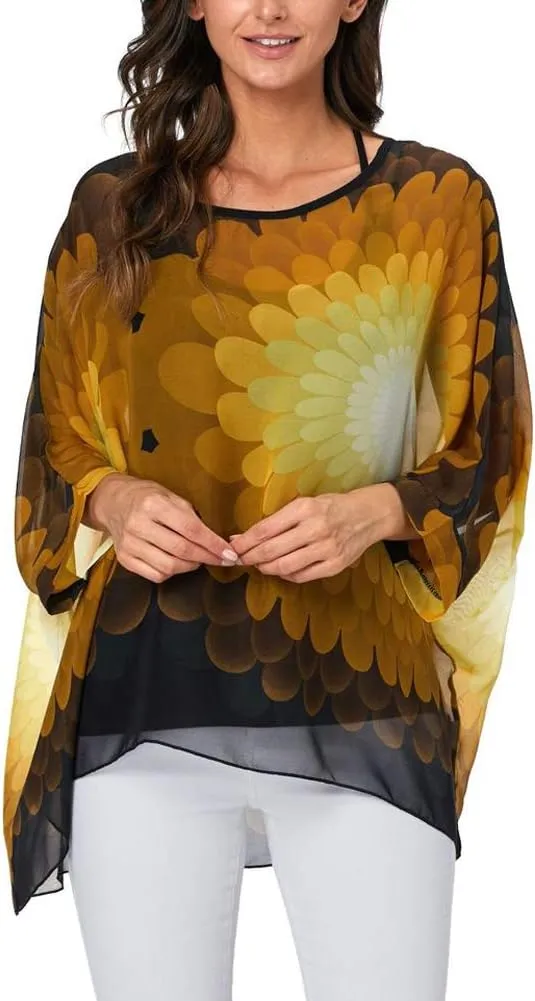 Ckikiou Plus Size Floral Chiffon Tunics Blouses for Women Batwing Summer Boho Shirts Beach Cover ups
