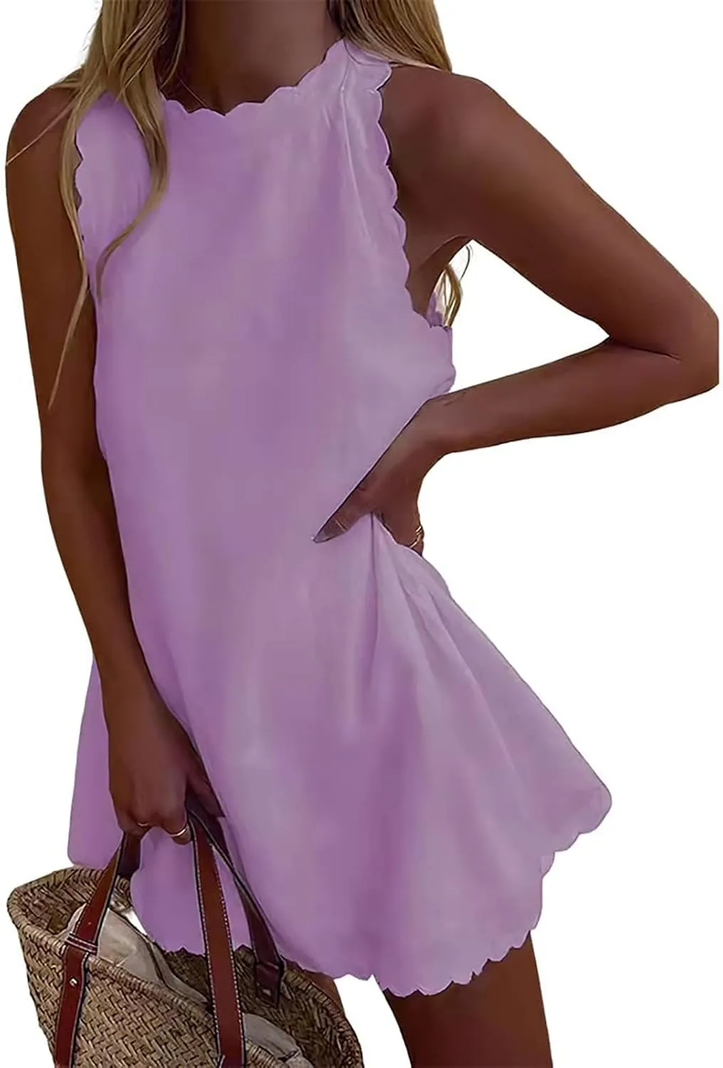 Costaric Women's Cotton Linen Tank Dress Floral Embroidered Sleeveless Scallop Mock Neck Mini Dress Summer Beach Sundress