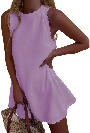 Costaric Women's Cotton Linen Tank Dress Floral Embroidered Sleeveless Scallop Mock Neck Mini Dress Summer Beach Sundress