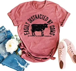 Cow Shirts for Women Easily Distracted by Cows Bleached Cowgirl T-Shirt Short Sleeve Vintage Western Tops