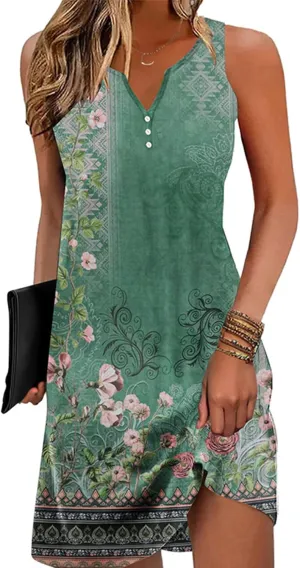 Disamer Womens Summer Dress 2025 Casual Button Down V Neck Sleeveless Boho Floral Beach Sundresses Vacation A-Line Dresses
