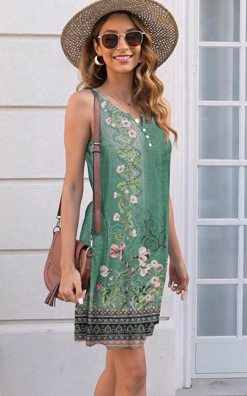 Disamer Womens Summer Dress 2025 Casual Button Down V Neck Sleeveless Boho Floral Beach Sundresses Vacation A-Line Dresses