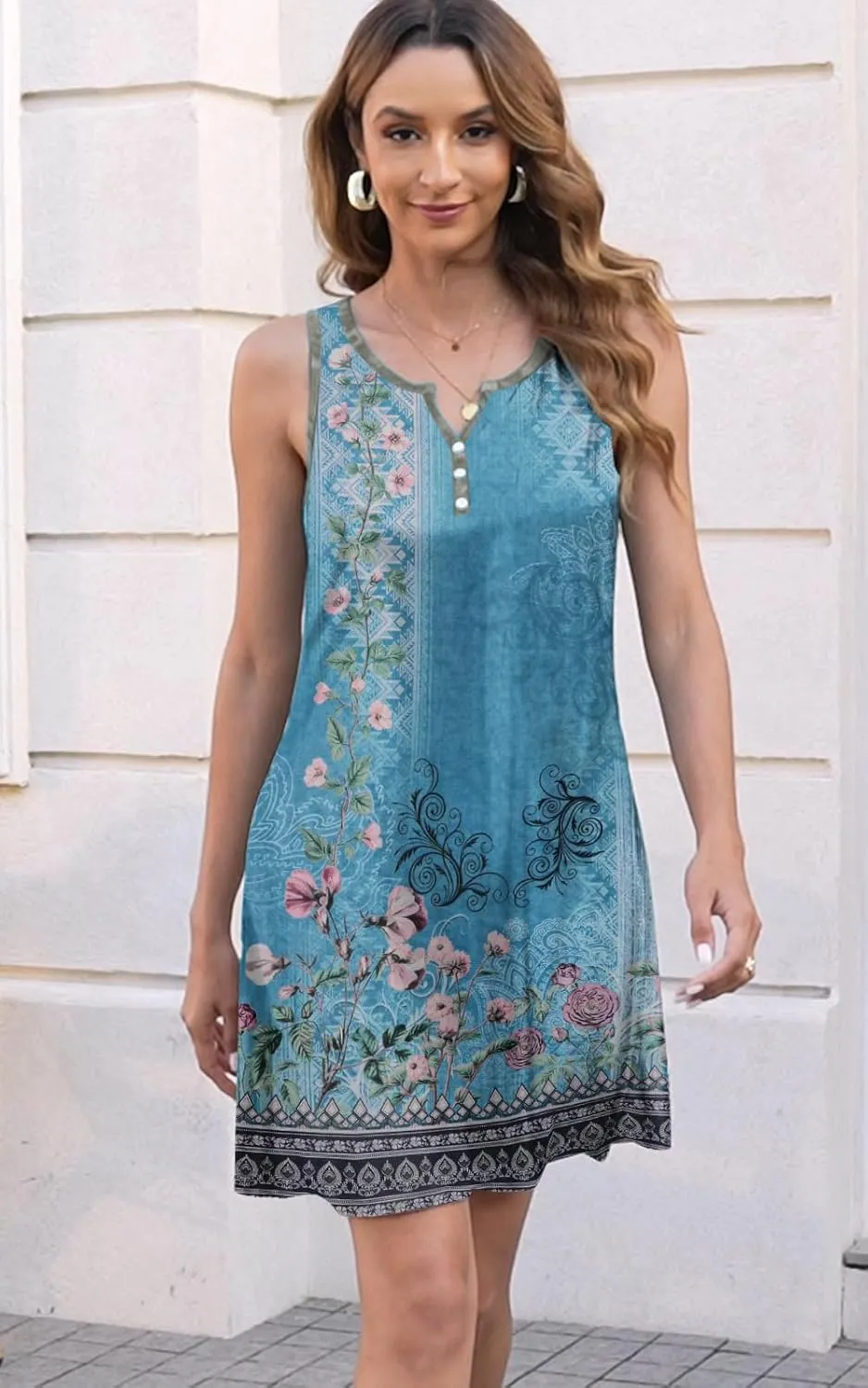 Disamer Womens Summer Dress 2025 Casual Button Down V Neck Sleeveless Boho Floral Beach Sundresses Vacation A-Line Dresses