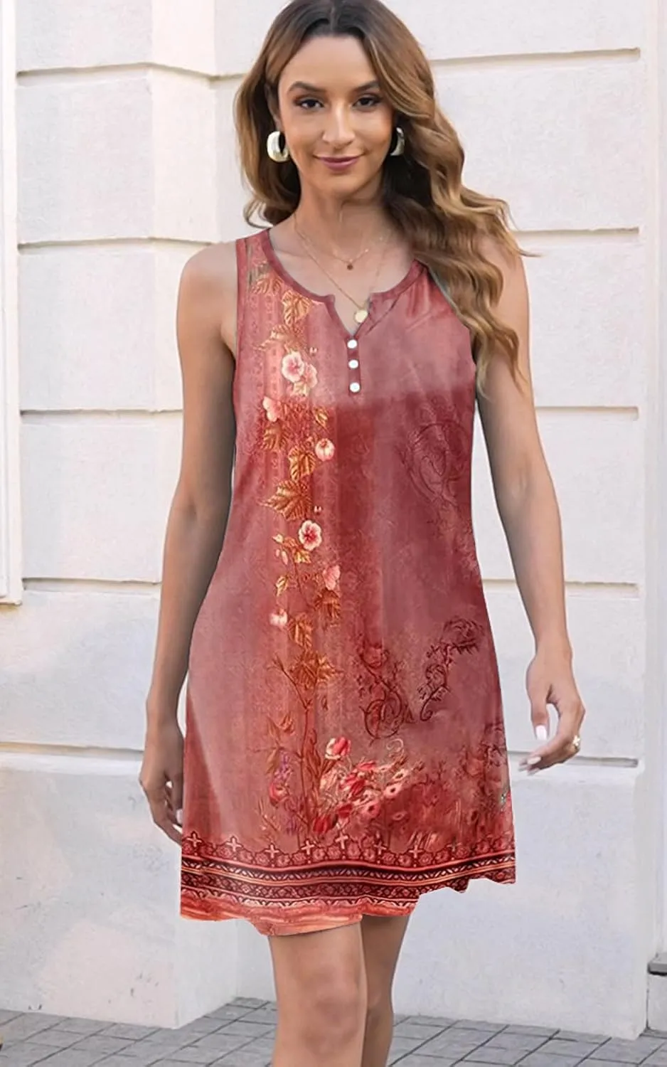 Disamer Womens Summer Dress 2025 Casual Button Down V Neck Sleeveless Boho Floral Beach Sundresses Vacation A-Line Dresses