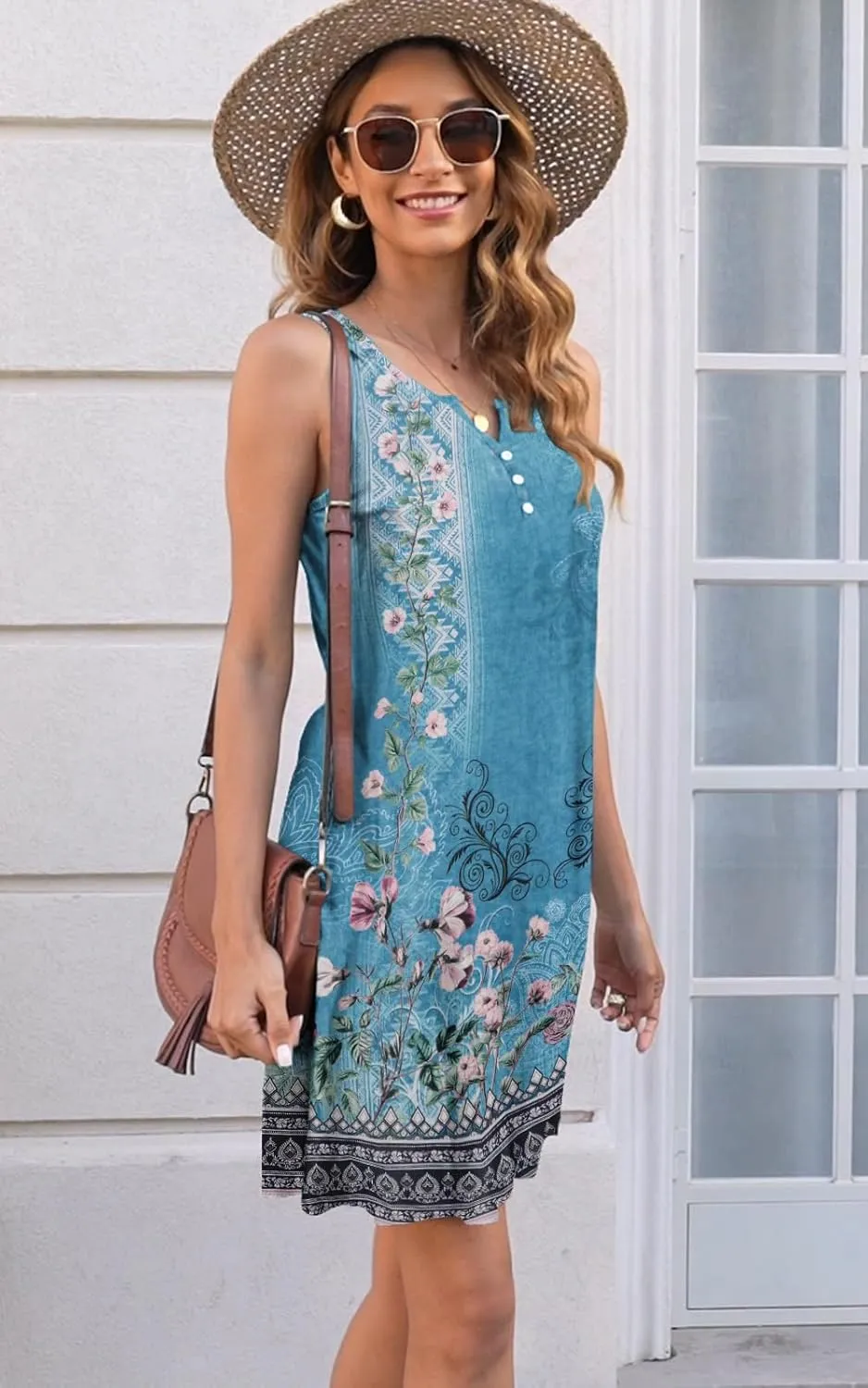 Disamer Womens Summer Dress 2025 Casual Button Down V Neck Sleeveless Boho Floral Beach Sundresses Vacation A-Line Dresses
