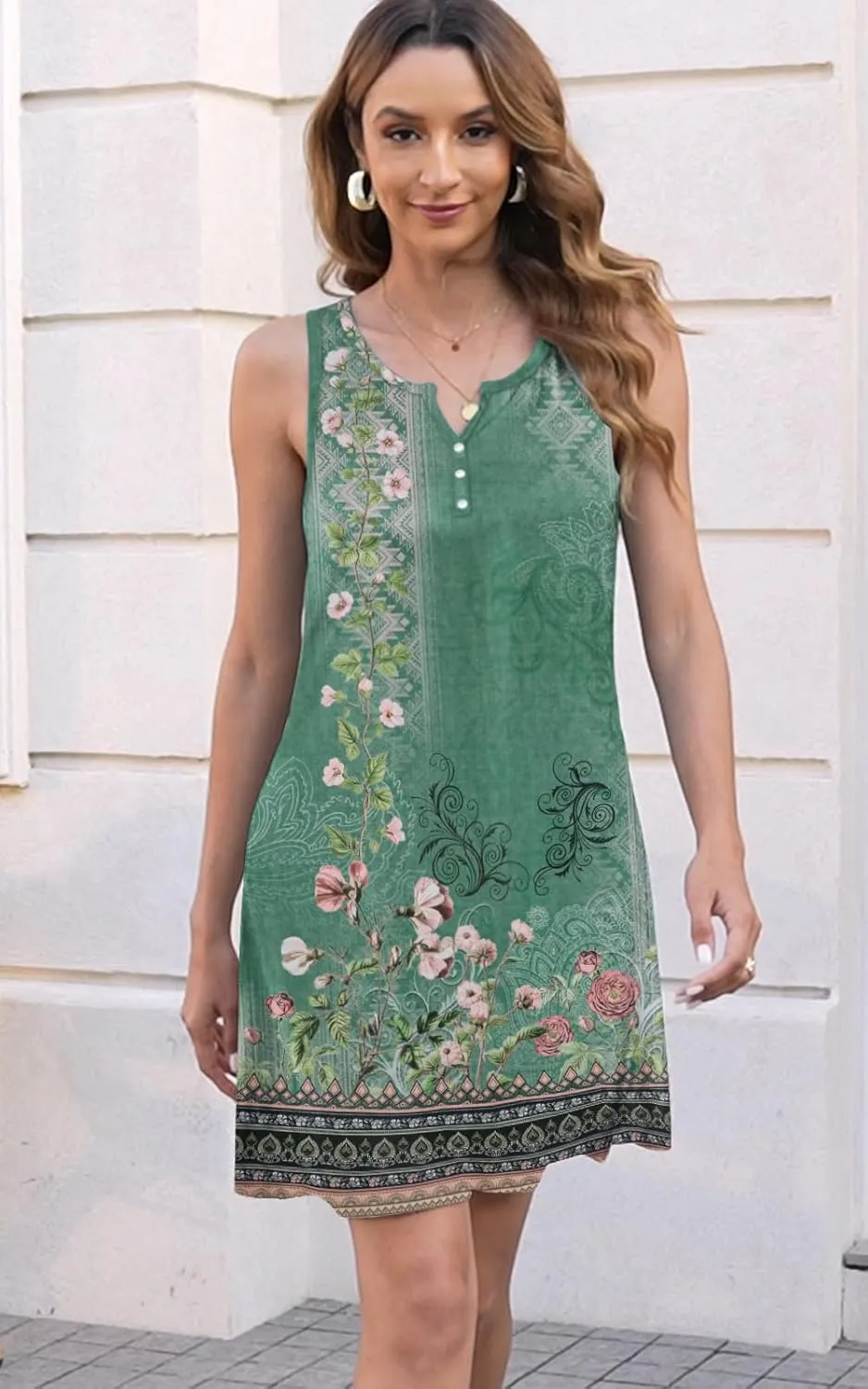 Disamer Womens Summer Dress 2025 Casual Button Down V Neck Sleeveless Boho Floral Beach Sundresses Vacation A-Line Dresses