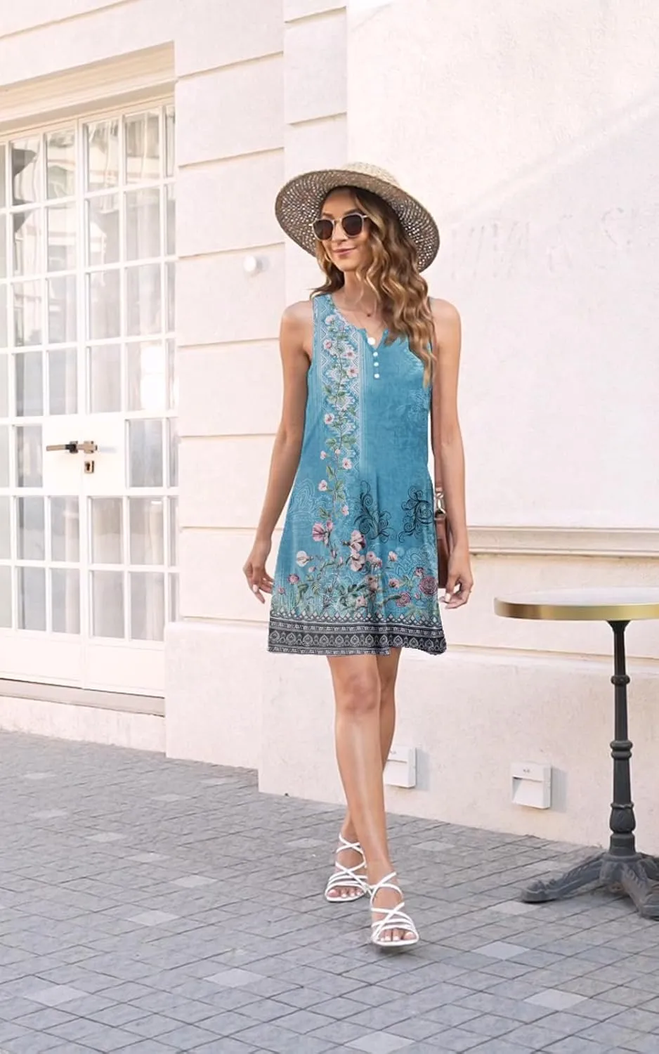Disamer Womens Summer Dress 2025 Casual Button Down V Neck Sleeveless Boho Floral Beach Sundresses Vacation A-Line Dresses