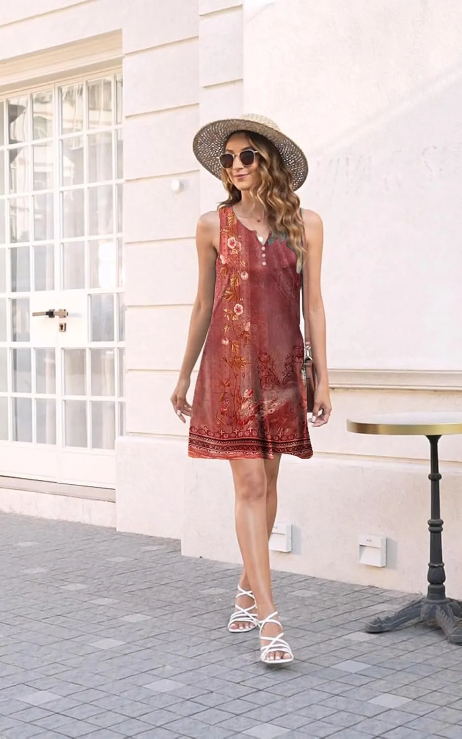 Disamer Womens Summer Dress 2025 Casual Button Down V Neck Sleeveless Boho Floral Beach Sundresses Vacation A-Line Dresses