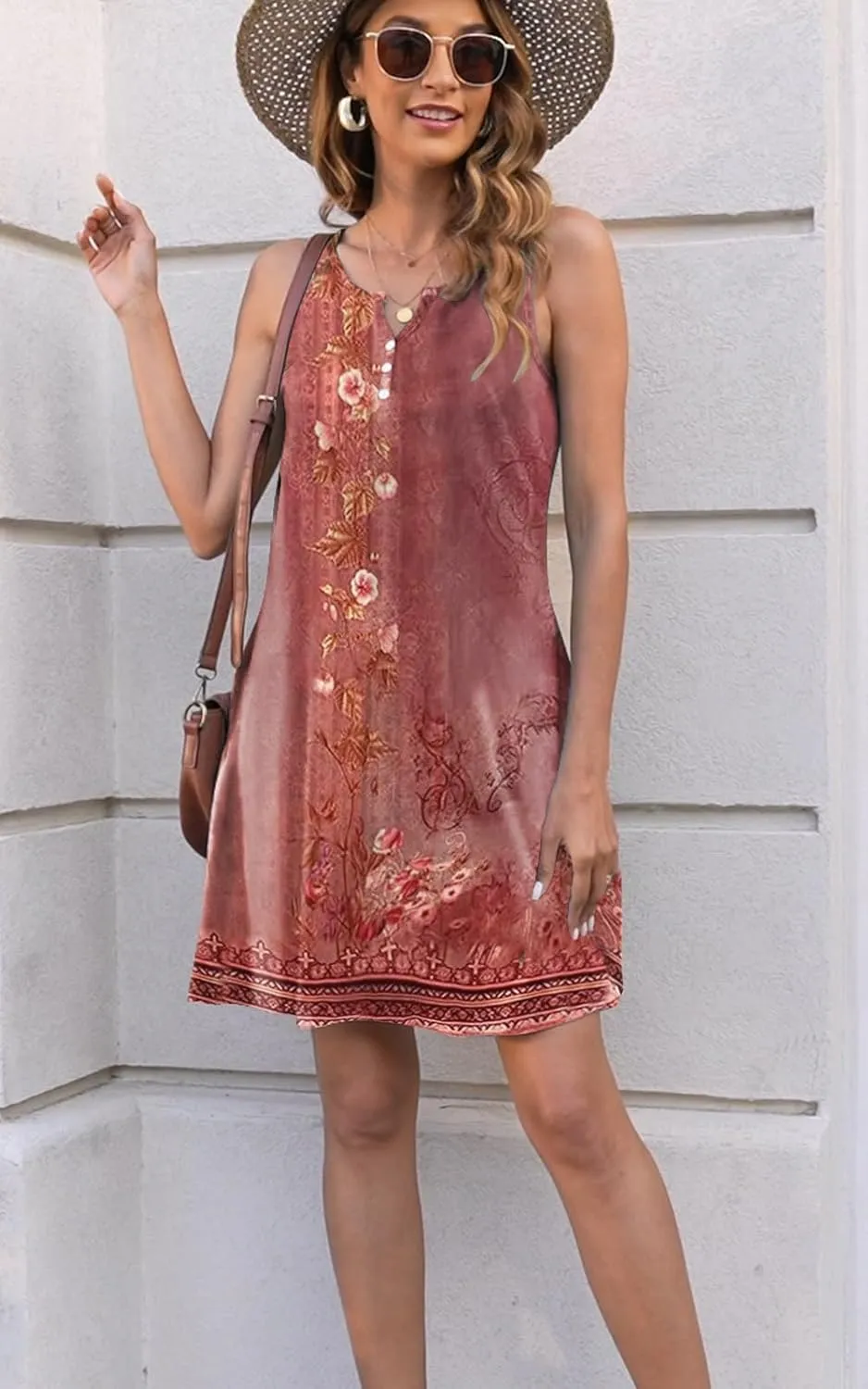 Disamer Womens Summer Dress 2025 Casual Button Down V Neck Sleeveless Boho Floral Beach Sundresses Vacation A-Line Dresses