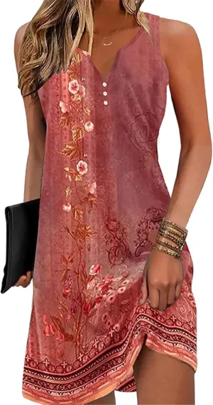 Disamer Womens Summer Dress 2025 Casual Button Down V Neck Sleeveless Boho Floral Beach Sundresses Vacation A-Line Dresses