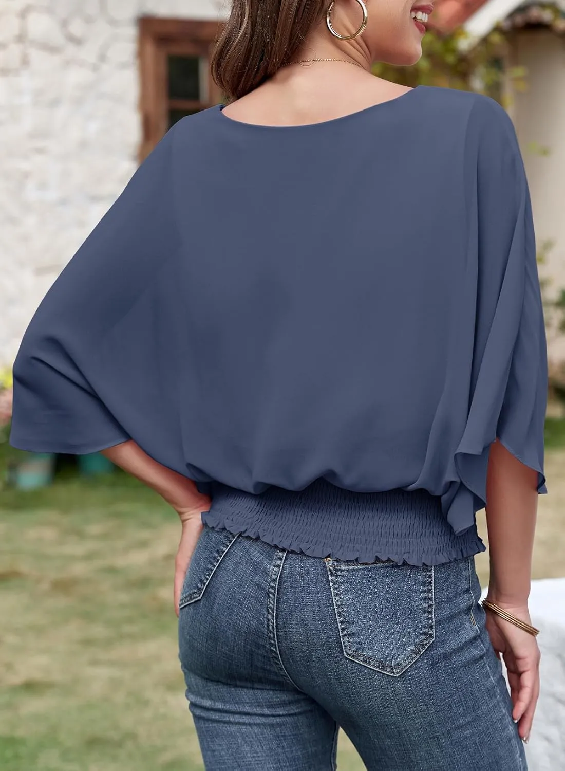 Dokotoo Women Blouses Dressy Casual 3/4 Length Sleeve Womens Tops Boat Neck Batwing Dolman Top