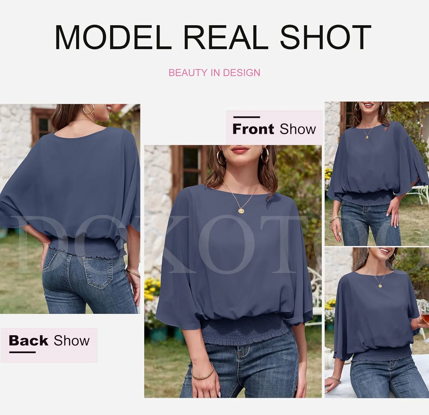 Dokotoo Women Blouses Dressy Casual 3/4 Length Sleeve Womens Tops Boat Neck Batwing Dolman Top