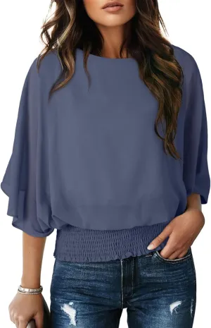 Dokotoo Women Blouses Dressy Casual 3/4 Length Sleeve Womens Tops Boat Neck Batwing Dolman Top