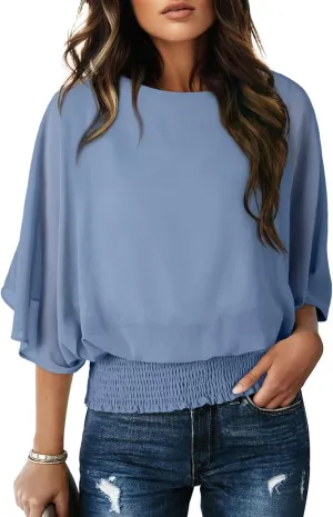 Dokotoo Women Blouses Dressy Casual 3/4 Length Sleeve Womens Tops Boat Neck Batwing Dolman Top