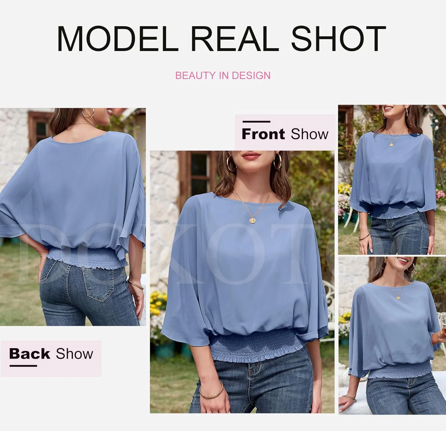Dokotoo Women Blouses Dressy Casual 3/4 Length Sleeve Womens Tops Boat Neck Batwing Dolman Top