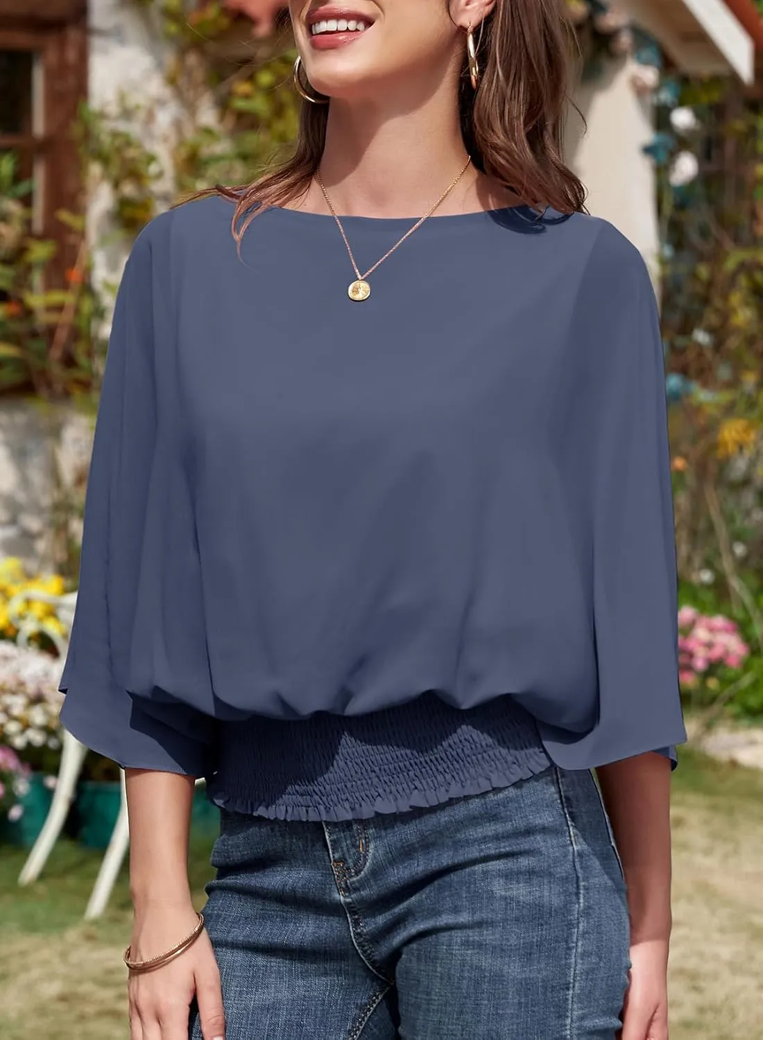 Dokotoo Women Blouses Dressy Casual 3/4 Length Sleeve Womens Tops Boat Neck Batwing Dolman Top