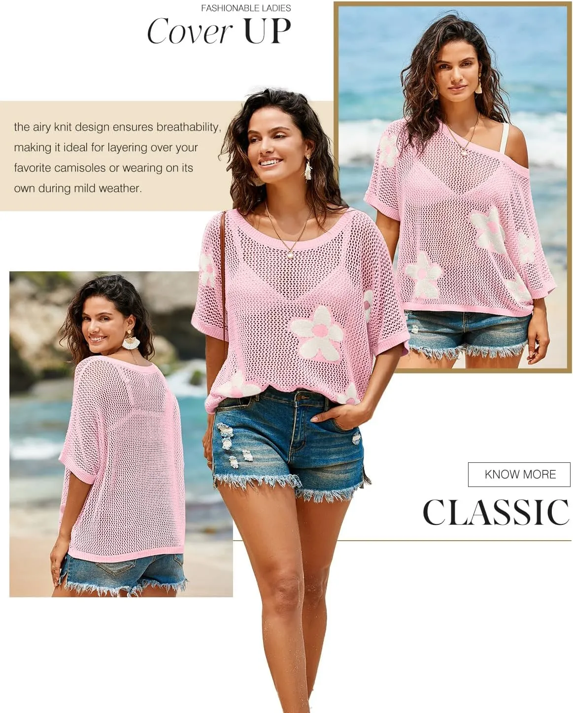 Dokotoo Womens Floral Fashion Summer Tops 2025 Short Sleeve Crochet Sweaters Swimsuit Cover Ups Lightweight Knit Pullover