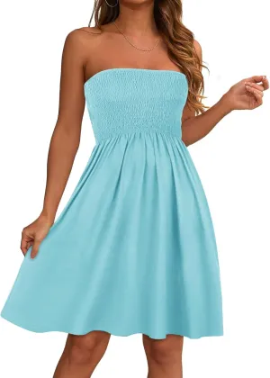 elescat Summer Dresses for Women Strapless Casual Beach Cover Ups Tube Top Sundress