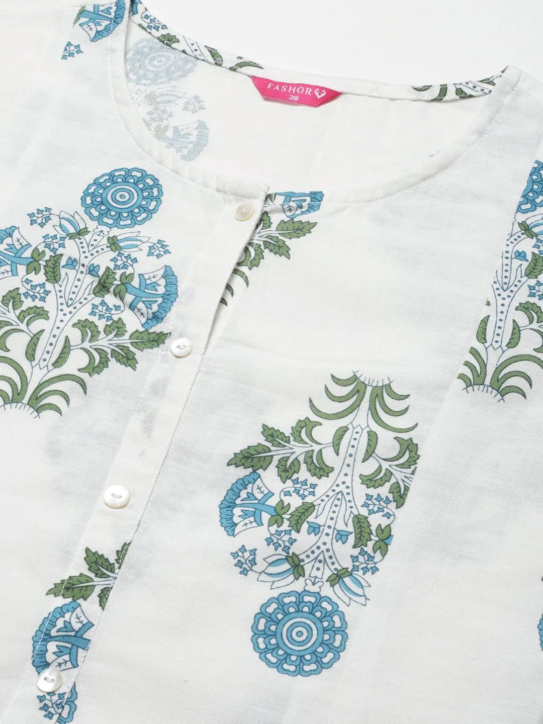 Ethnic Floral Boota Printed A-Line Paneled Kurta - White