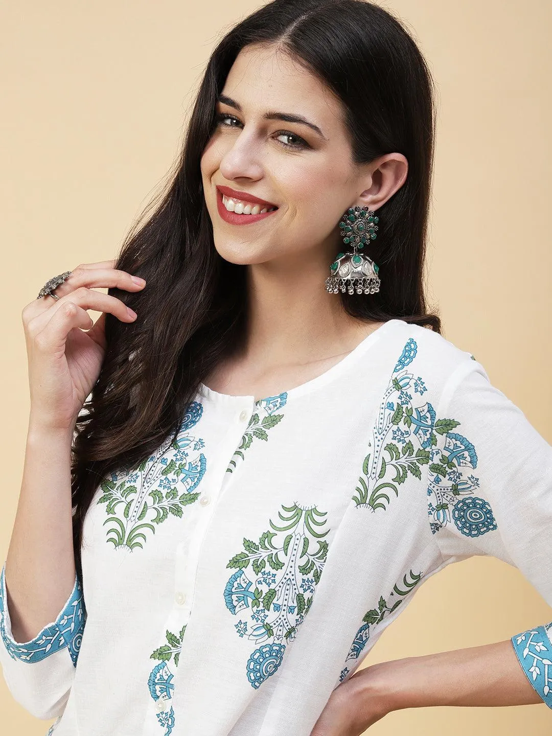Ethnic Floral Boota Printed A-Line Paneled Kurta - White