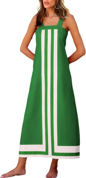 Fiona Jolin Womens Summer Maxi Dress Boho Striped Shoulder Strap Long Sundress Beach Cover Up Dress
